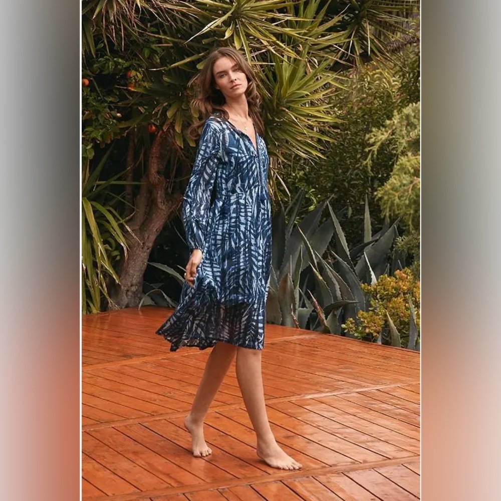 Johnny Was Tropic Twilight Ruffle Sleeve Cotton Midi Dress Blue Embroider Small